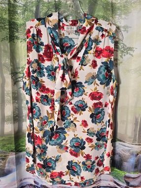 Van Heusen White Floral Tie-Neck Sleeveless Blouse